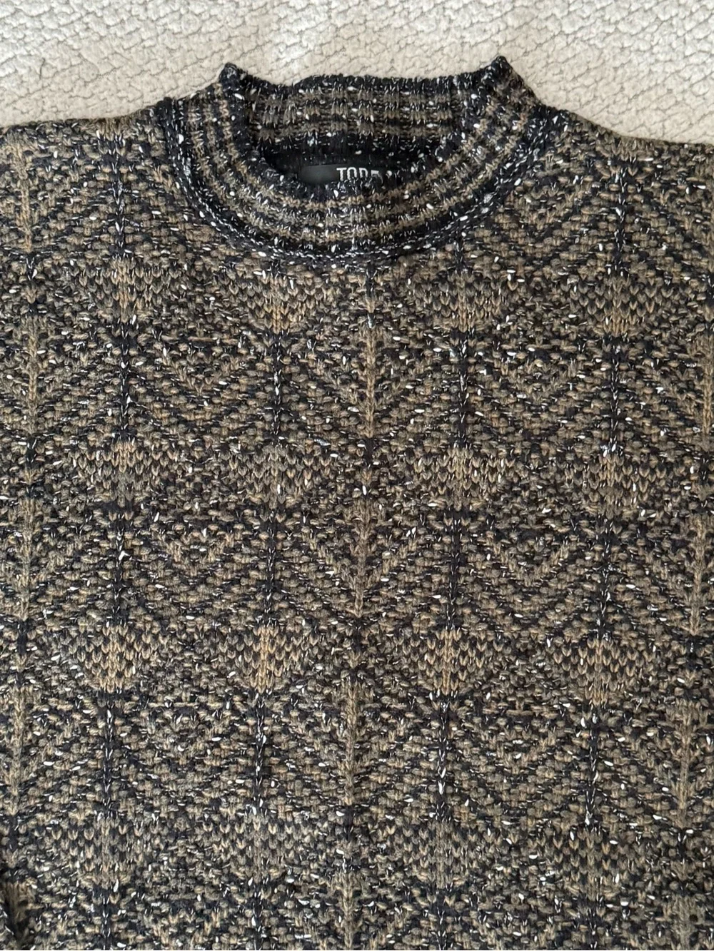 TSR Vintage 90s Geometric Knit Sweater 2XB Green Olive Black USA Made Wool Blend